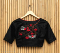 Black Hand-Embroidered Bird Motif Cotton Boatneck Blouse (Free Size 38–42)