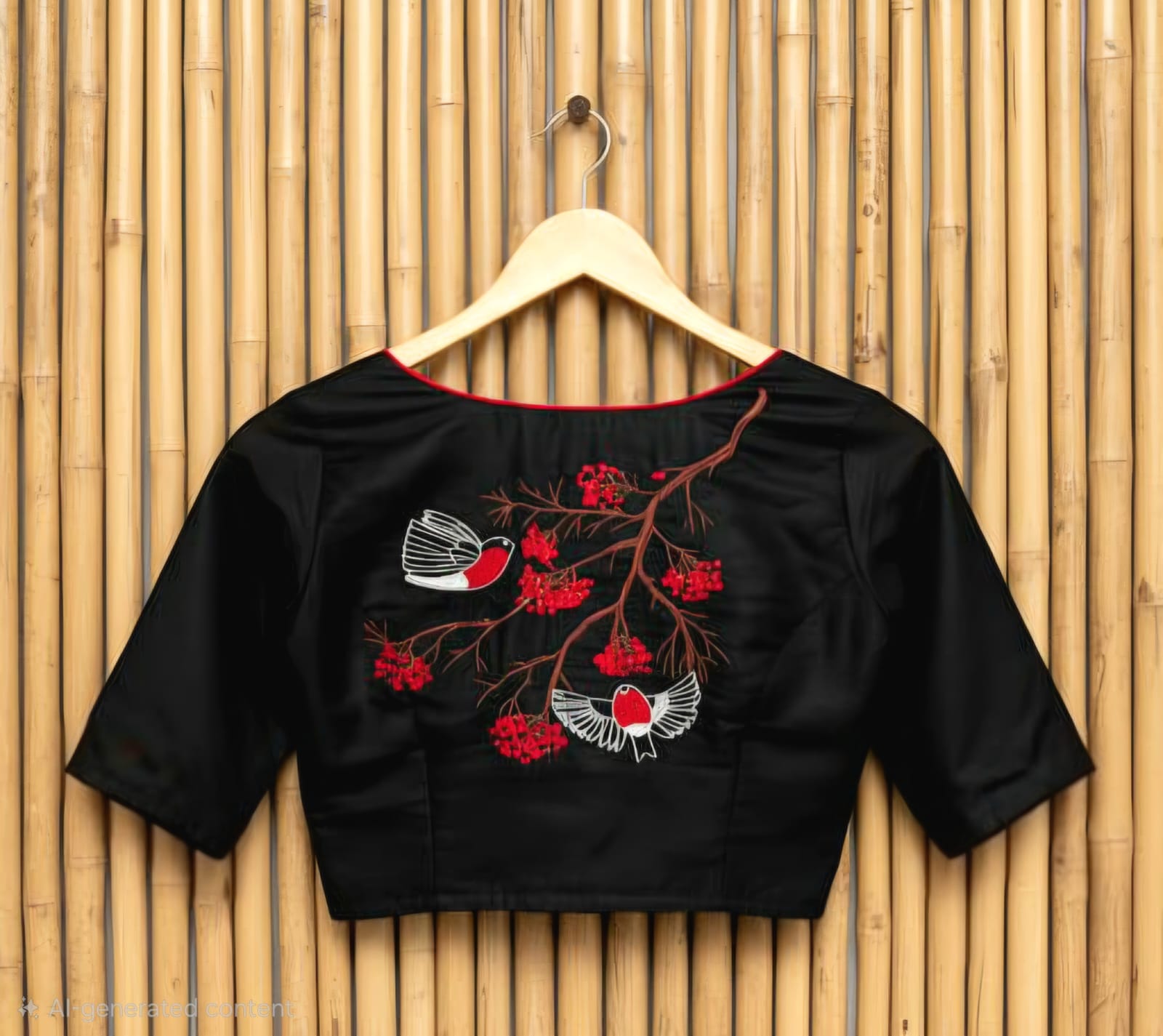 Black Hand-Embroidered Bird Motif Cotton Boatneck Blouse (Free Size 38–42)
